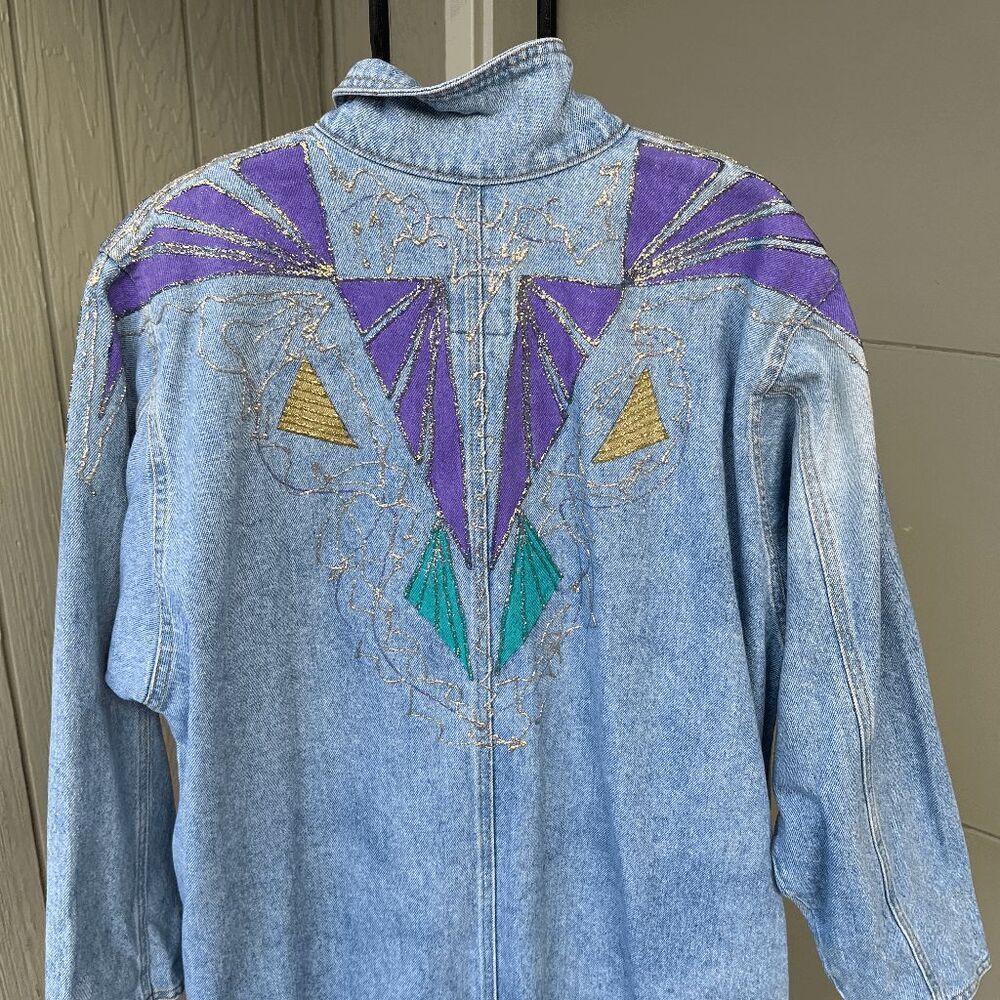 ✨ VTG 80s Sunbelt Denim Statement Trench w/ Glitter Puff Paint – M/L ✨ - Picture 3 of 8